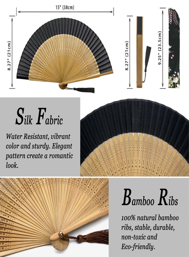 Zolee مروحة يدوية قابلة للطي من زولي للنساء - مروحة قابلة للطي بتصميم صيني ياباني عتيق من الخيزران والحرير - لتخفيف الهبات الساخنة، والرقص، والعروض، والديكور، والحفلات، وكهدية (خيزران أسود صغير) - Image 2